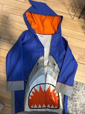 Addie& Tate Blue Hooded Kids Raincoat with Orange Lining & Shark Graphic